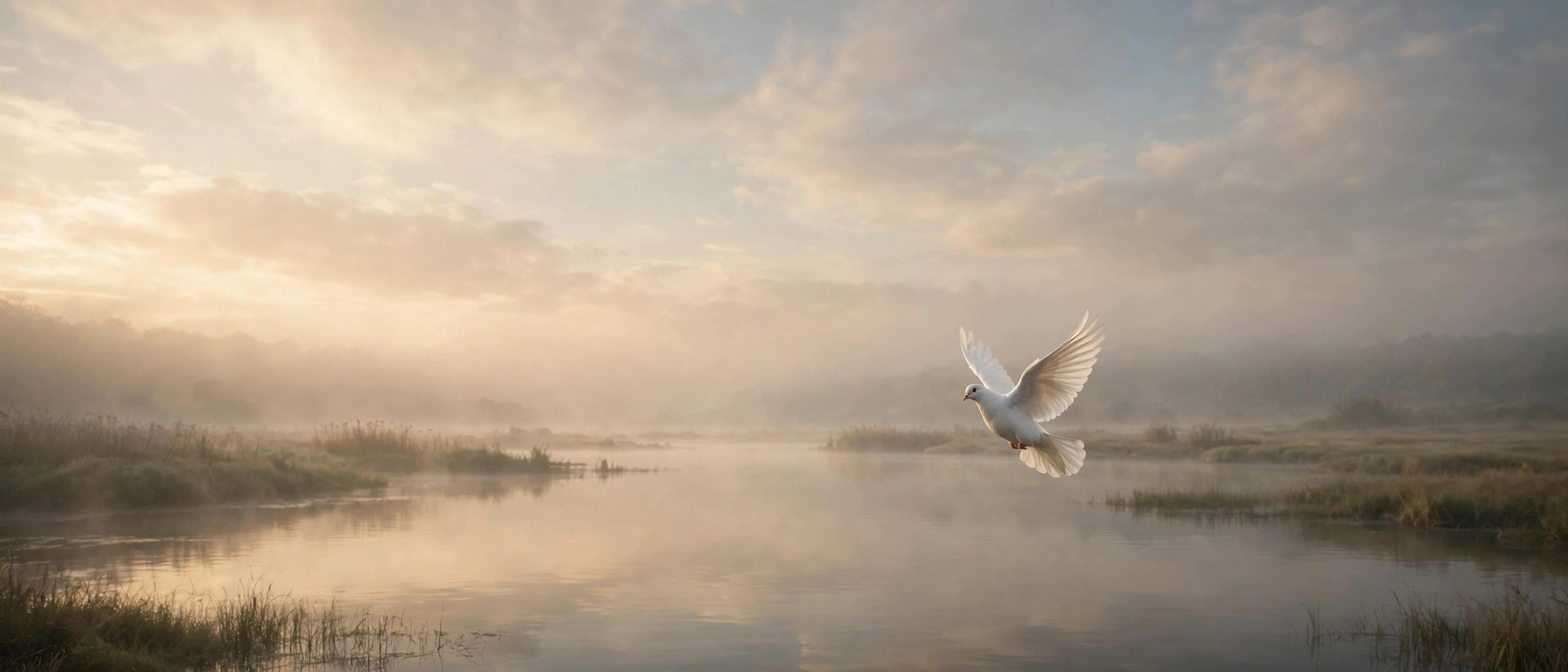 A white dove flying over still water at dawn