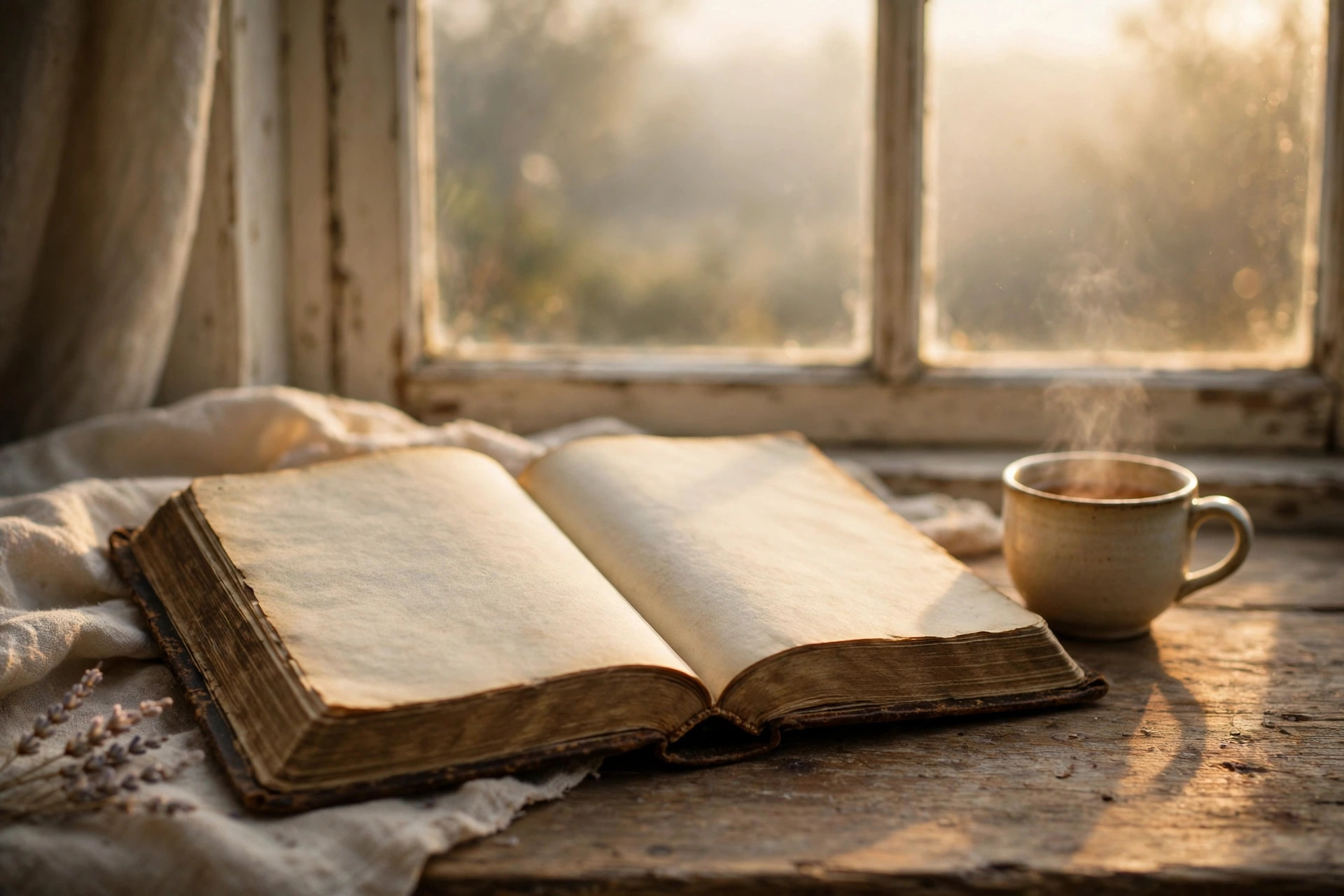 An open Bible in warm morning window light