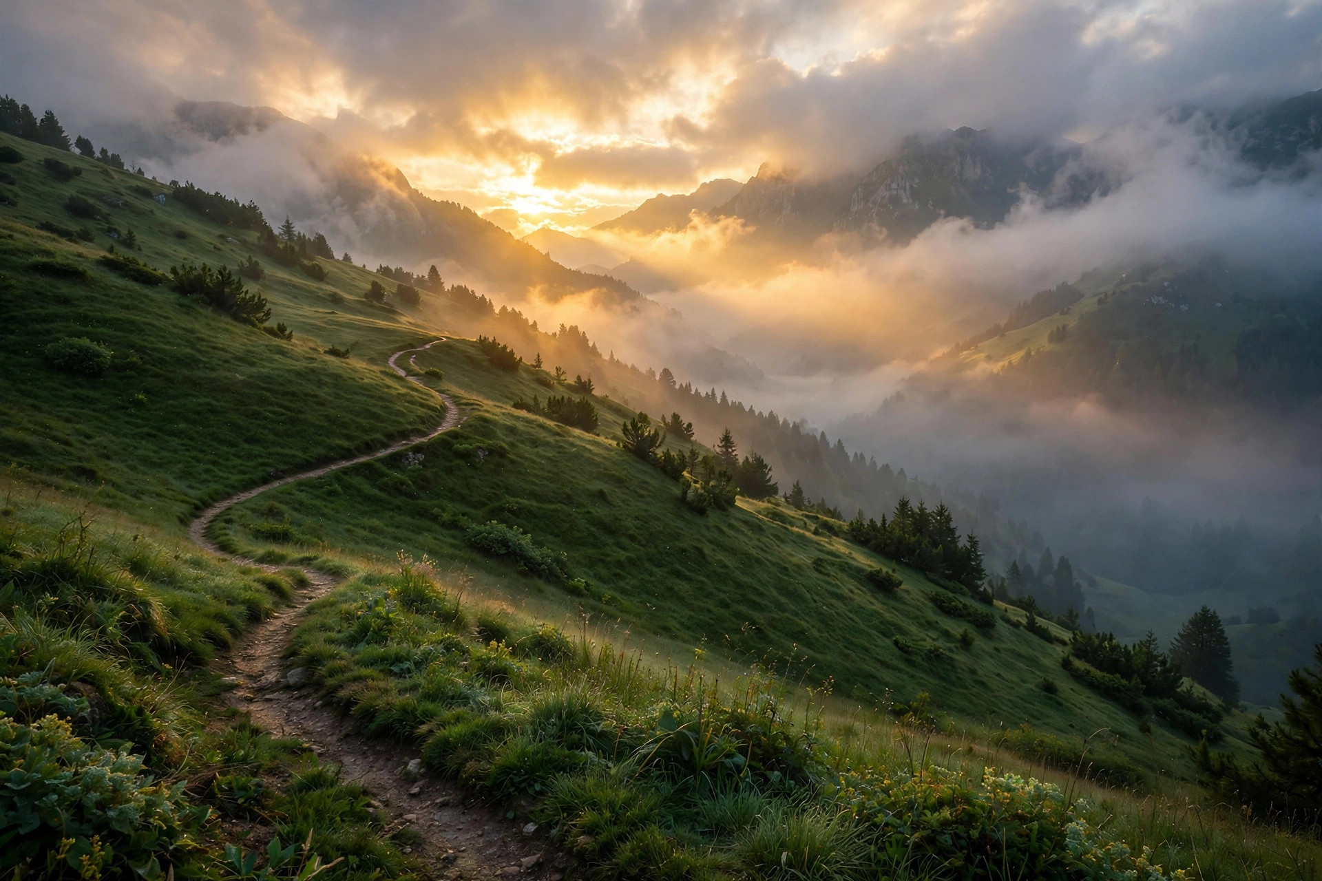 Sunrise breaking over a mountain valley, a path winding toward the light