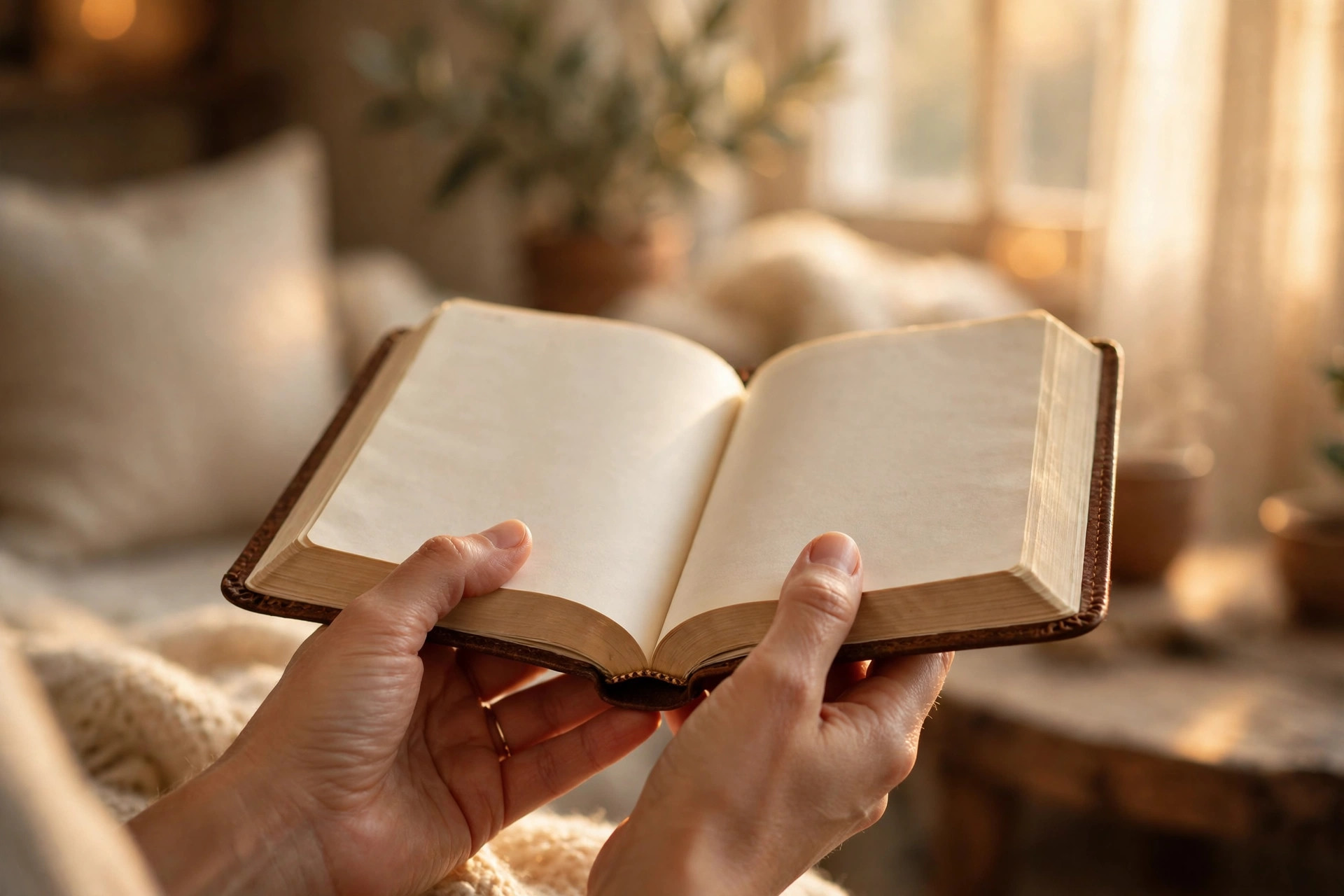Hands holding an open Bible in warm morning light
