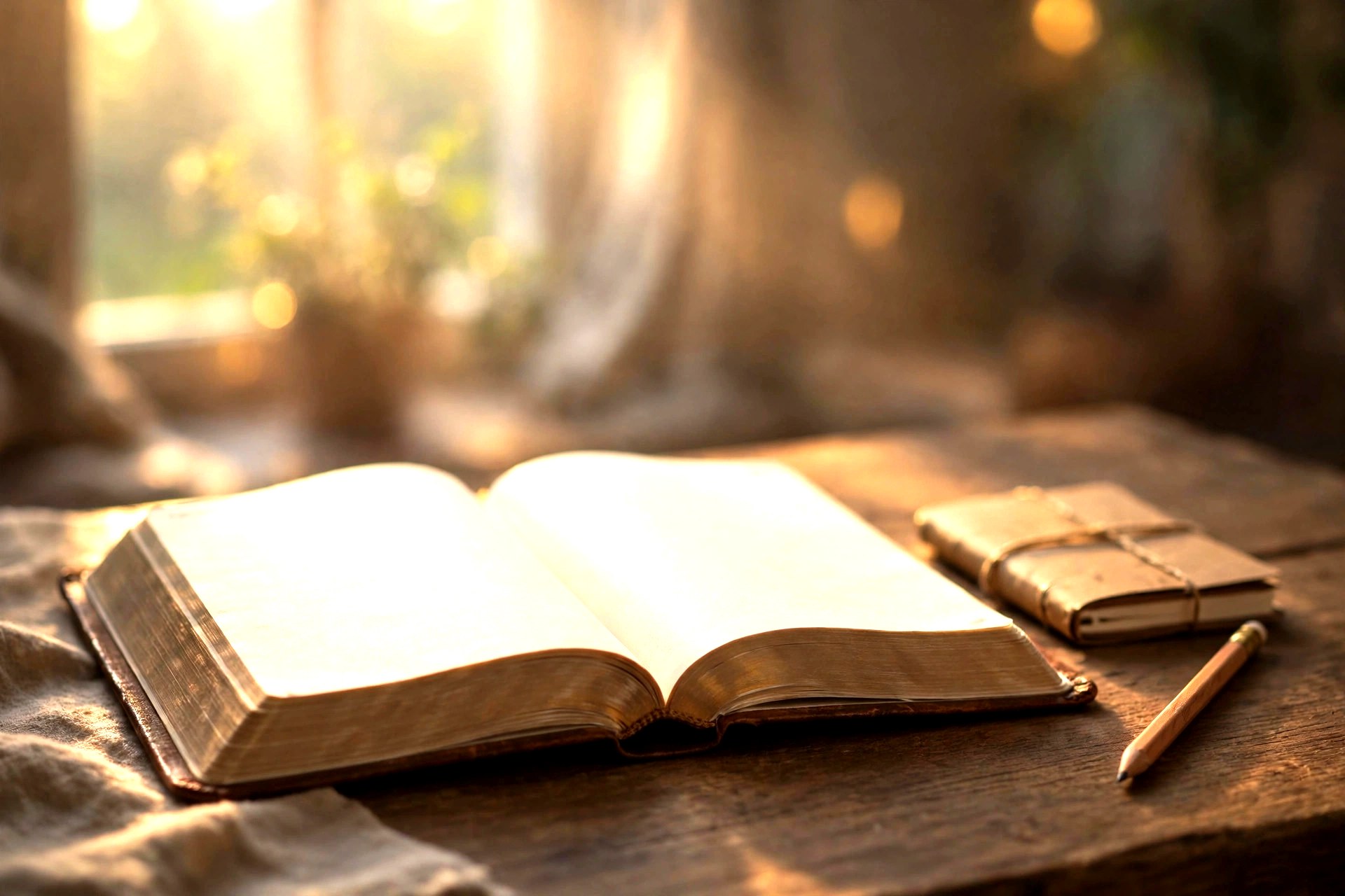 An open Bible with blank pages in warm morning light